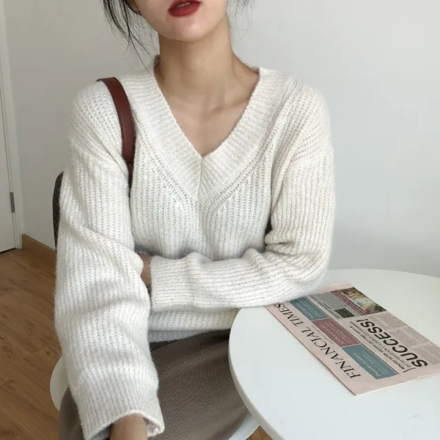 Mohair Idle Style V neck Loose Pullover White - Shop at LoveMi