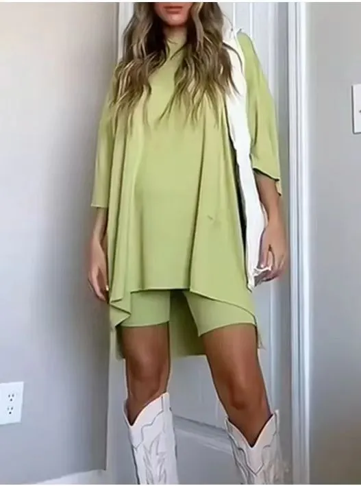 Women's Clothing Fashion Solid Color Loose T shirt Tight Shorts Women Green - Shop at LoveMi