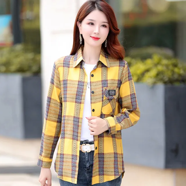 Autumn Plaid Shirt Women's Cotton Long sleeved Brushed Vintage Coat Blk1682 - Shop at LoveMi