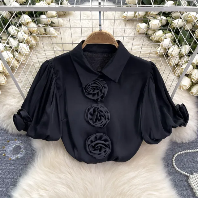 Three dimensional Flower Puff Sleeve 1 French Satin Top Black - Shop at LoveMi
