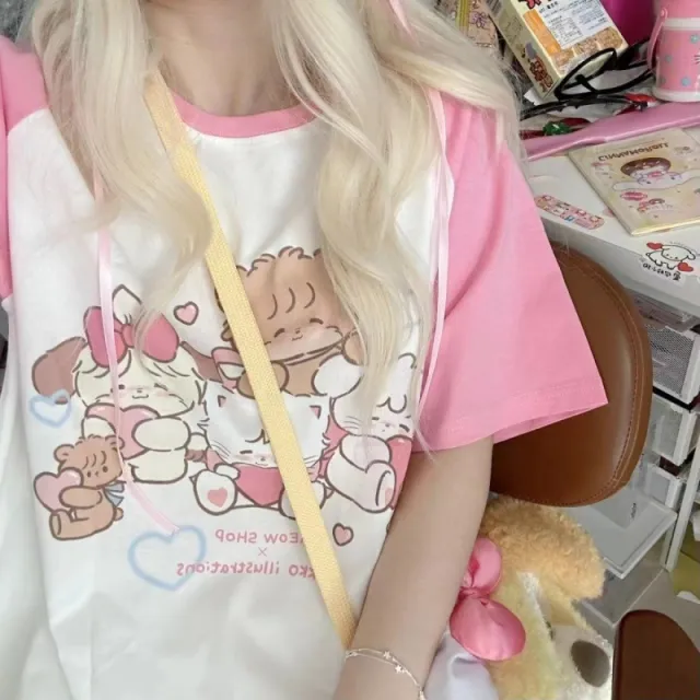 Women's Summer Dopamine Top Cute Stitching Sweet Short sleeved T shirt White - Shop at LoveMi