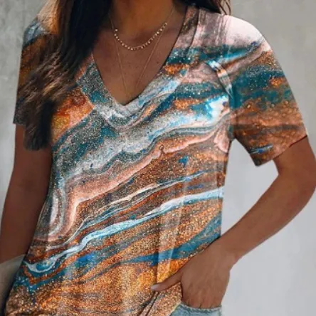 Summer Fashion Casual V neck Women's Printed Tie dye Short sleeved T shirt G56J309 - Shop at LoveMi