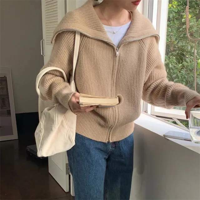 Korean Style Idle Style Large Lapel Knitted Cardigan Zipper Coat Khaki - Shop at LoveMi