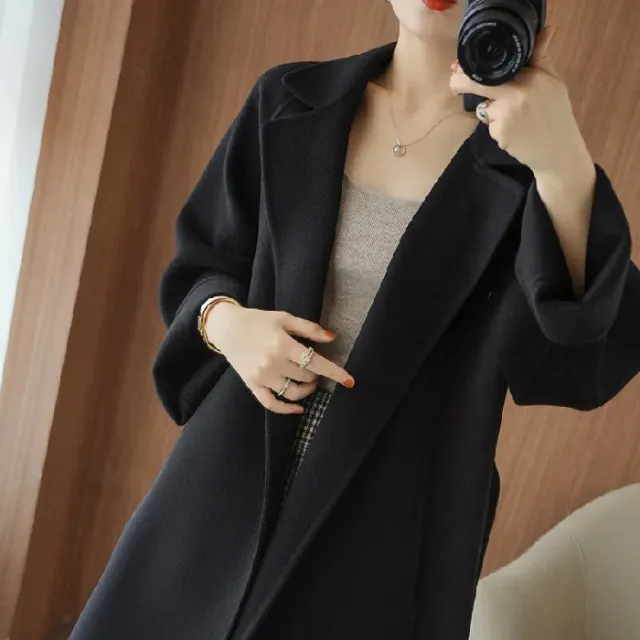 Double sided Wool Overcoat Women's Long Below The Knee Loose Plus Size Black - Shop at LoveMi
