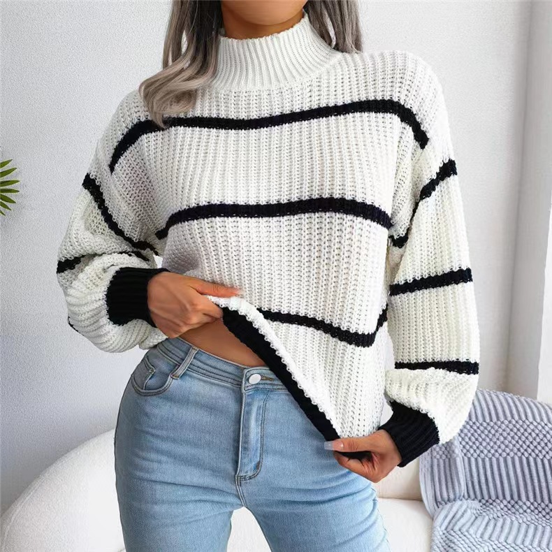 Title 7, Contrast Color Striped Sweater New Half Turtlen...