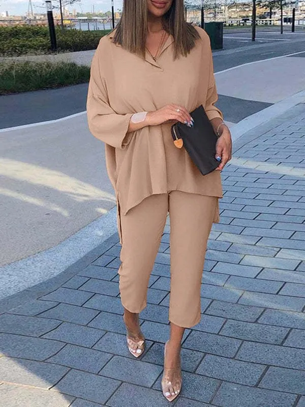 Cotton And Linen Women's Casual And Comfortable Elastic Waist Suit Shirt Cropped Pants Camel - Shop at LoveMi