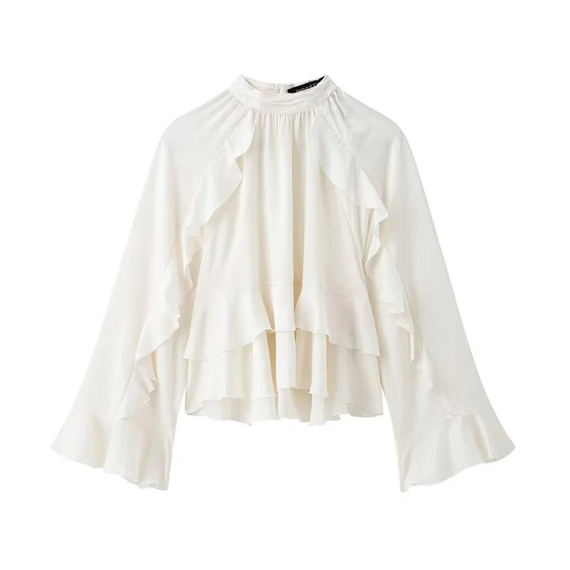 Ruffled Vintage Beige Satin Top for Women, Long Sleeve