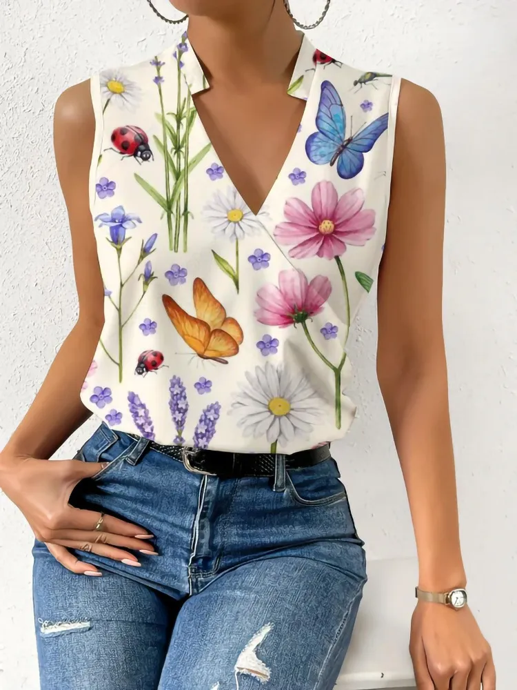 Women's Casual V-neck Pullover Digital Printing Top T-shirt Vest - Figure 4-Xxl