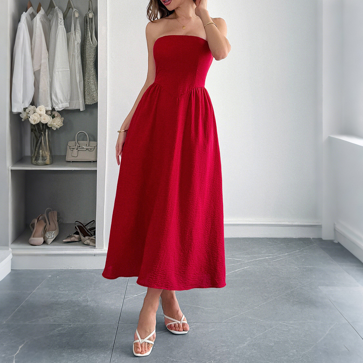 European And American Elegant Tube Top A- Line Dress Dress