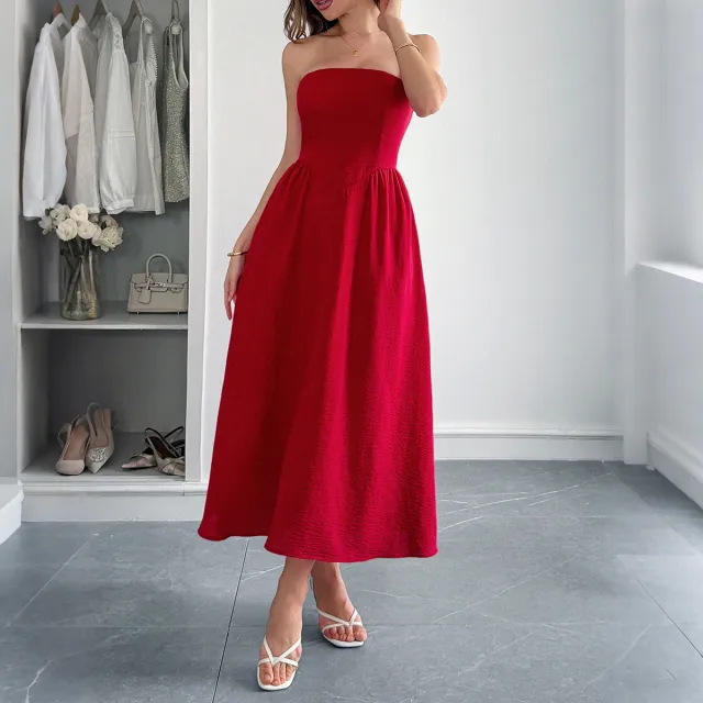 European And American Elegant Tube Top A Line Dress Dress Red - Shop at LoveMi