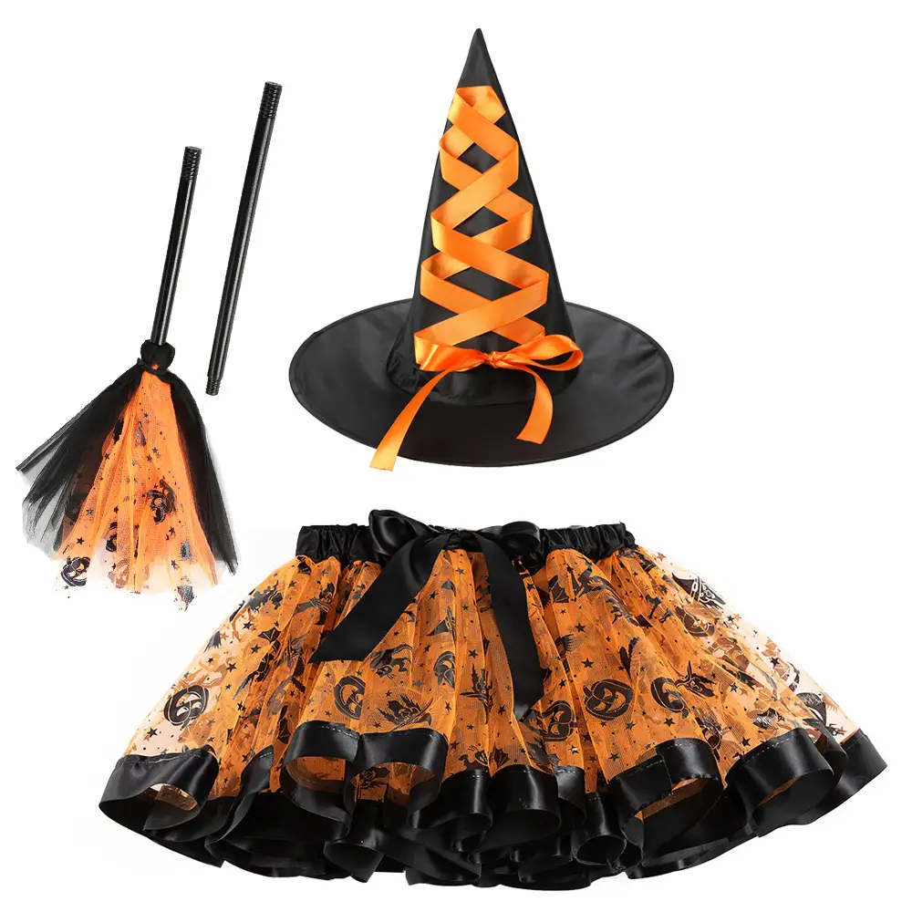 Halloween Printed Tulle Hat Broom Three-piece Suit Skirt