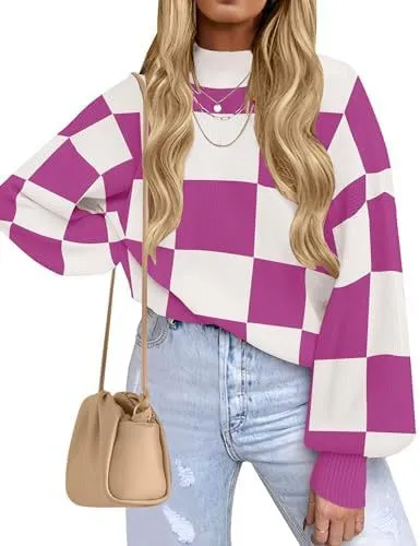 Women's Fashion High Collar Long Sleeve Striped Rib Sweater Purple - Shop at LoveMi