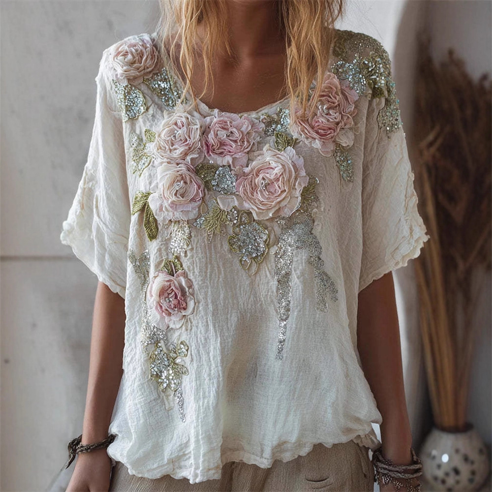 New Womens Short-sleeved Drop-shoulder Top With Faux Jacquard Design