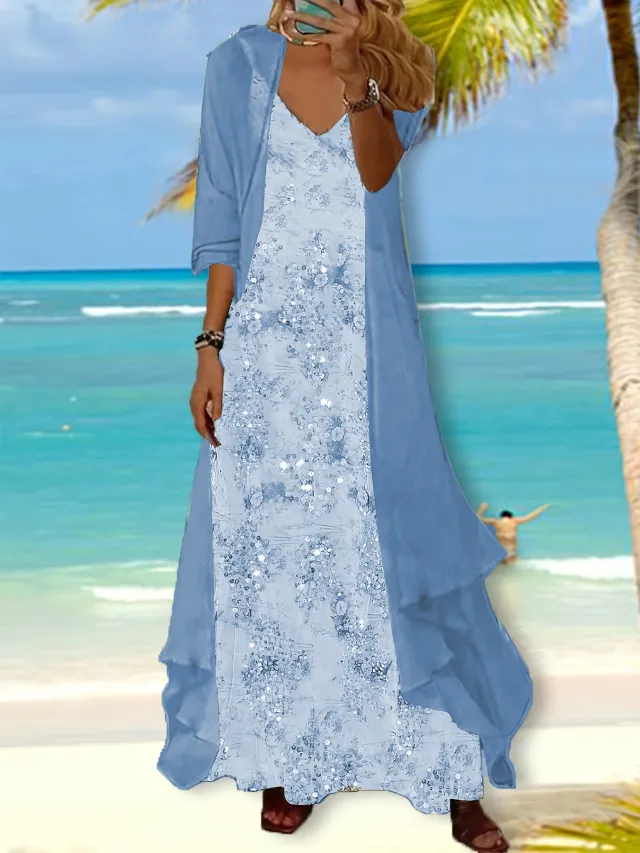 Holiday Floral Print Dress Chiffon Cardigan Two piece Set Sky Blue - Shop at LoveMi