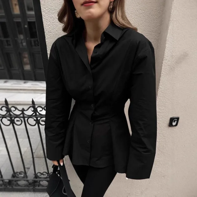 Waist tucking Pleated Women's Elegant Pure Cotton Shirt Black - Shop at LoveMi