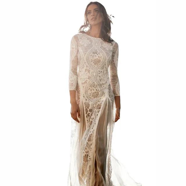 Round Neck Long Sleeve Hollow Backless Lace Ladies Banquet Dress White - Shop at LoveMi