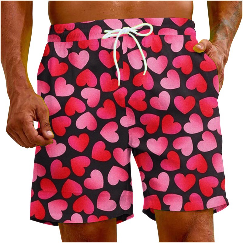 Mens Hawaiian Heart 3D Digital-Print Beach Shorts