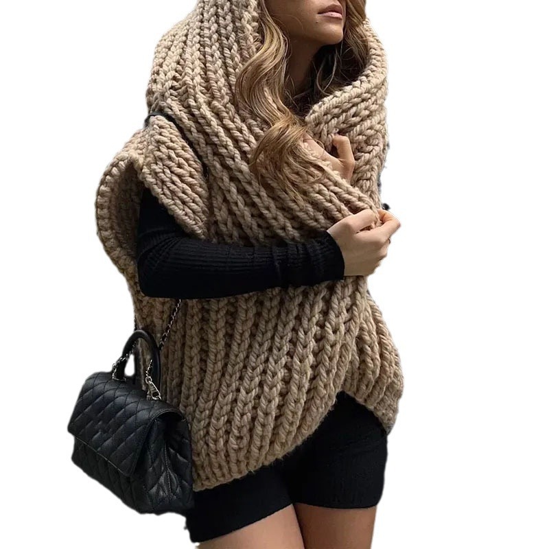 Hooded Thick Pattern Loose Knitted Cardigan Woven Design Sweater Apricot - Shop at LoveMi