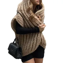 Hooded Thick Pattern Loose Knitted Cardigan Woven Design Sweater - Apricot - View 1
