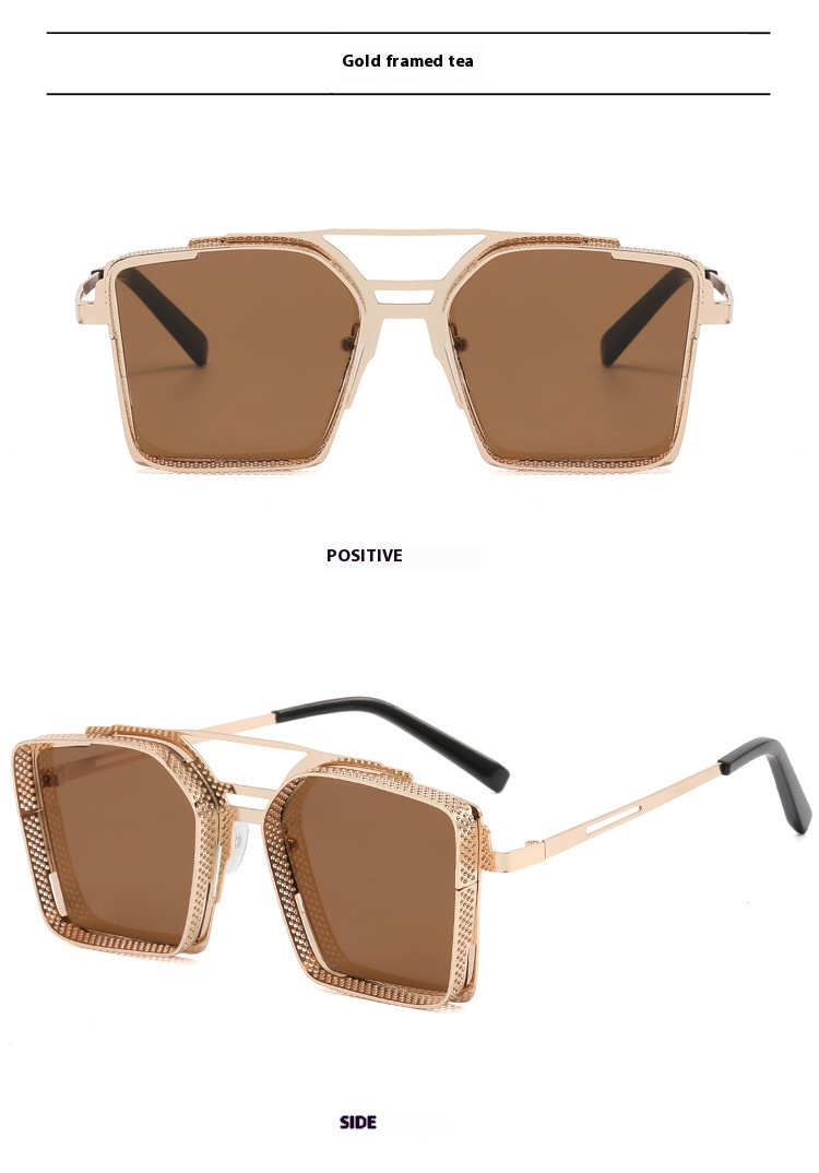 Steam Punk Sunglasses Men's Metal Hollow Square Frame Sunglasses Tide Double Beam Glasses
