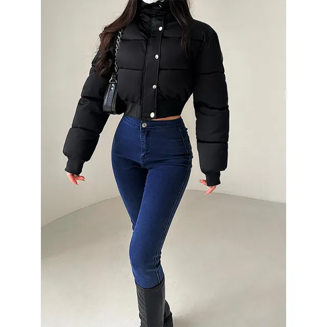Fashionable Stand Collar Zipper Elastic And Waisted Warm Quilted Jacket Short Cotton Coat Women Black - Shop at LoveMi