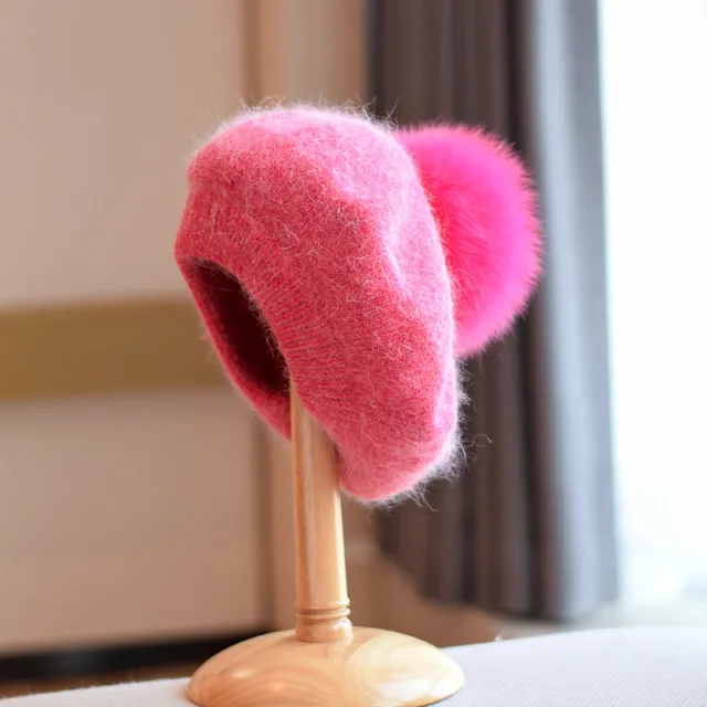 Women's Thin Autumn And Winter Knitting Warm Fur Ball Hat Rose Red - Shop at LoveMi