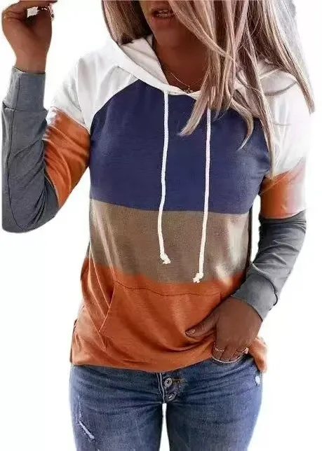 Fashion Casual Long Sleeve Loose Casual Color Block Hooded Sweatshirt Red - Shop at LoveMi