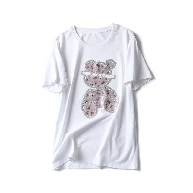 Heavy Embroidery Hot Drilling Bear Design Sense Niche Short Sleeve White - Shop at LoveMi