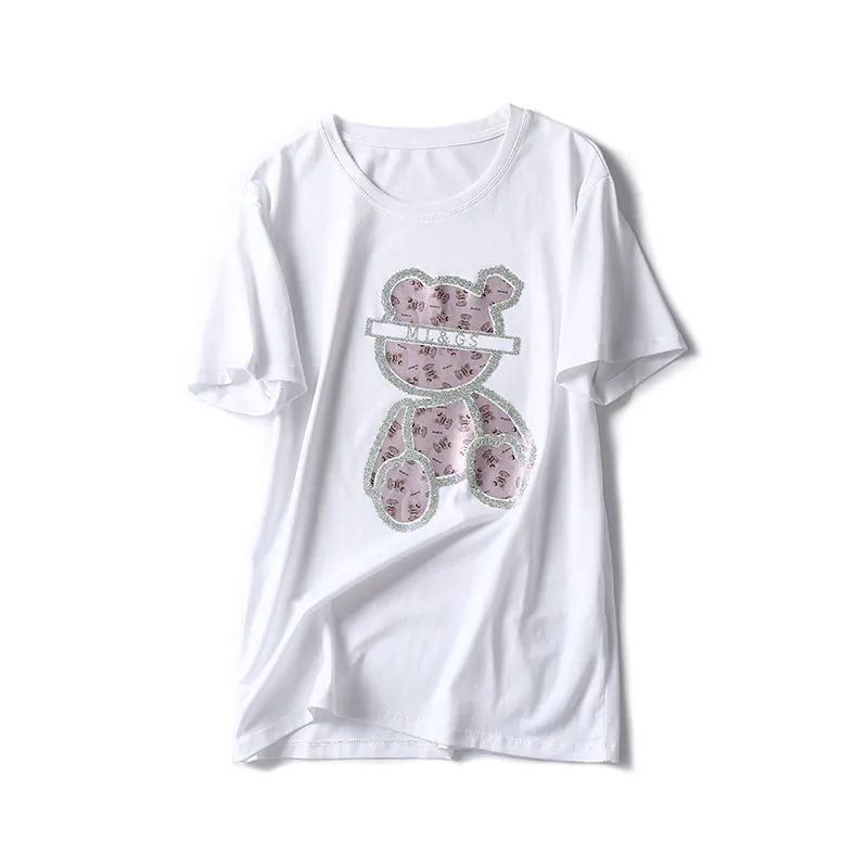 Heavy Embroidery Hot Drilling Bear Design Sense Niche Short Sleeve - White