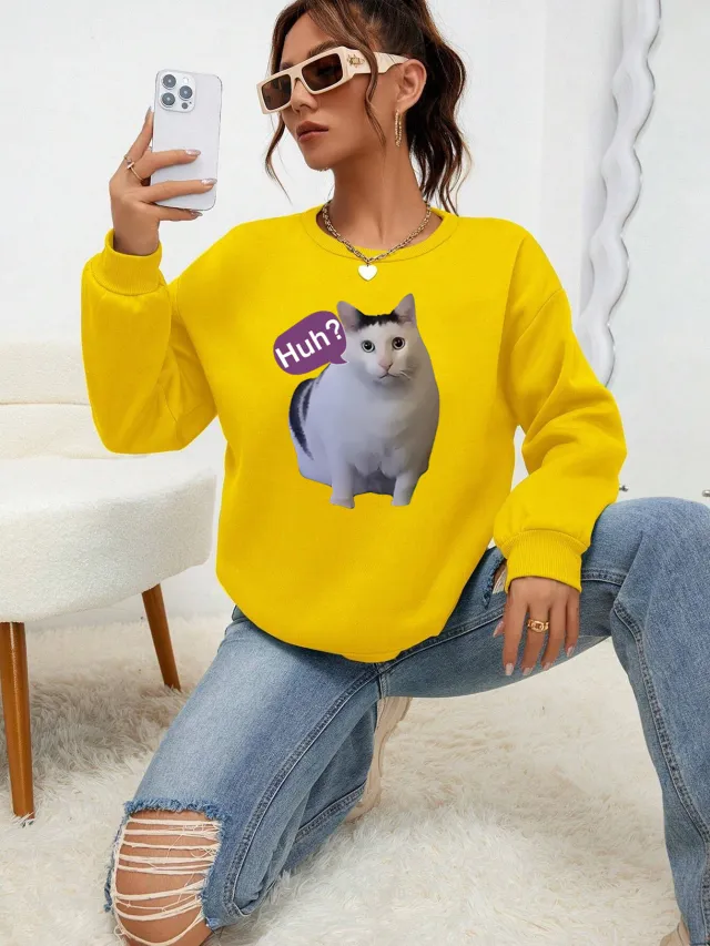 Fashion Cat Personalized Printed Women's Sweater Yellow - Shop at LoveMi
