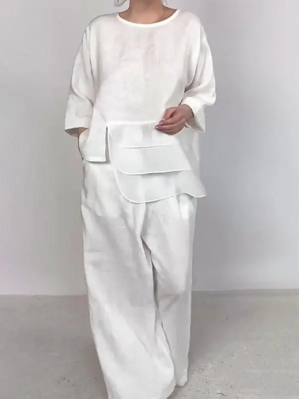 Round Neck Satin Layered Design Blouse Wide Leg Pants Suit White - Shop at LoveMi