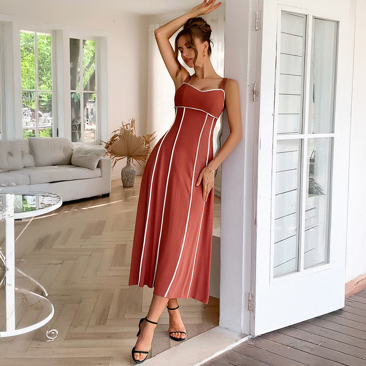 European And American Leisure Vacation Style Seaside Atmosphere Sling Dress Brick Red - Shop at LoveMi