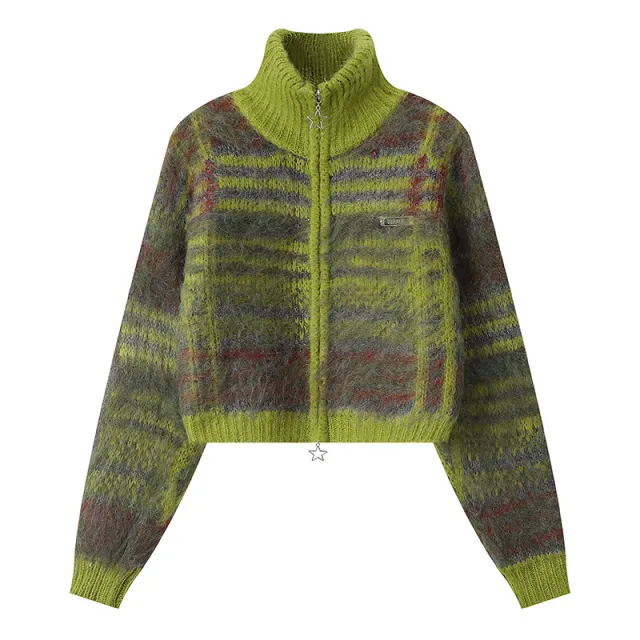 Retro Contrast Color Atmosphere Sweater Women's Loose Short Green - Shop at LoveMi
