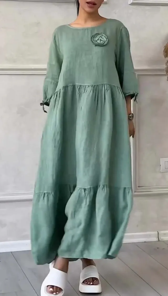 Women's Round Neck Pleated Long Sleeve Casual Dress Green - Shop at LoveMi