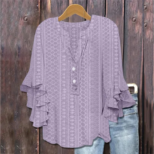 Printed Casual Trend V neck Flounce Sleeve T shirt Purple - Shop at LoveMi