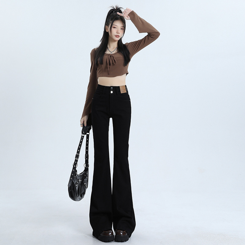 High Waist Slimming Hot Girl Double Buckle Slightly Flared Jeans Women Black - Shop at LoveMi