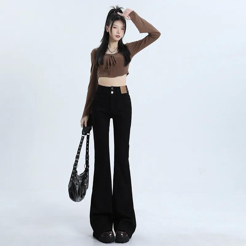 High Waist Slimming Double Buckle Slightly Flared Jeans Women - Black