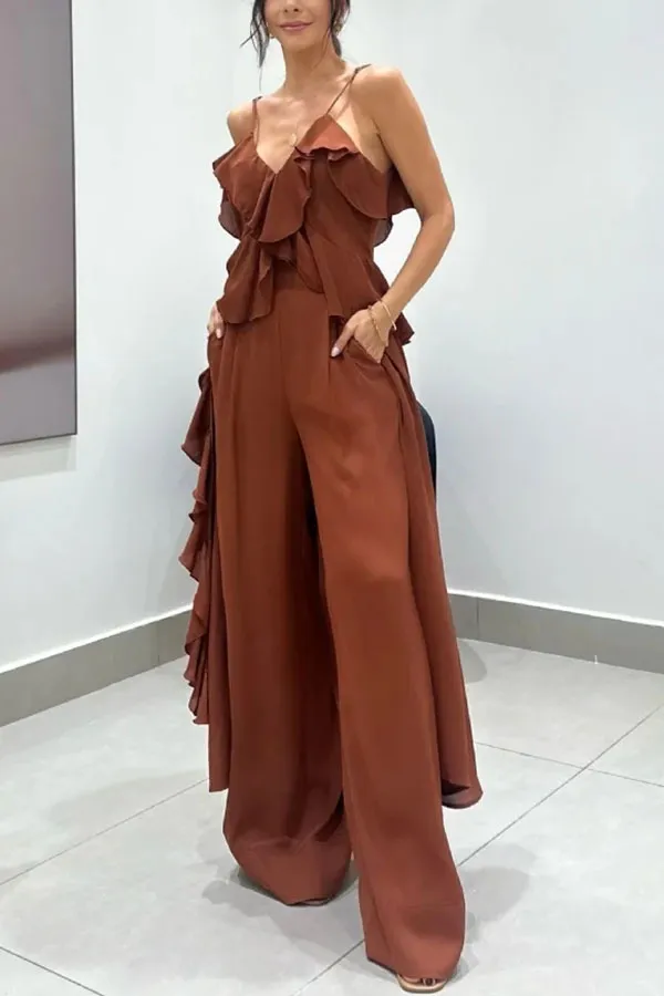 Women's Solid Color Top And Straight Pants Two piece Set Dark Brown - Shop at LoveMi
