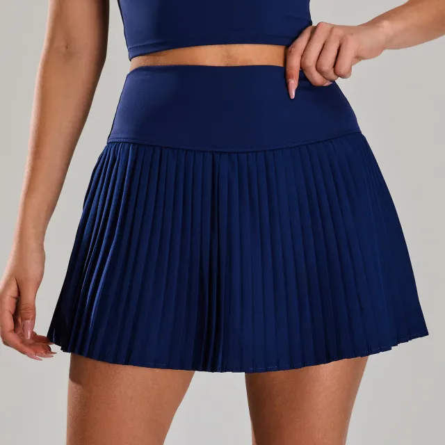 High Waist Pleated Sports Short Skirt Women's Outdoor Fitness Fake Two piece Tennis Culottes Dark Blue - Shop at LoveMi
