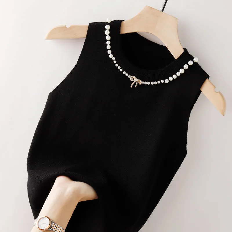 Beaded Ice Silk Camisole Women's Spring And Summer Inner Wear Fashion Slim Fit - Black Bowknot Beaded
