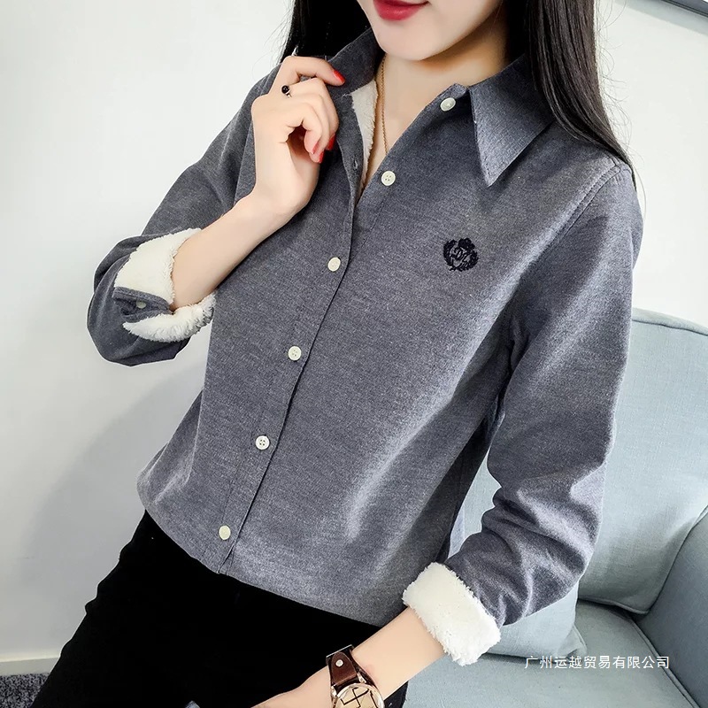 Embroidered Warm Long-Sleeve Shirt Womens Base-Layer Blouse Outerwear