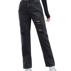 Women's Clothing Loose Hole Slimming Denim Polyester Trousers Fashion - Dark Gray - View 1