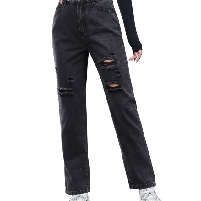 Women's Clothing Loose Hole Slimming Denim Polyester Trousers Fashion Dark Gray - Shop at LoveMi