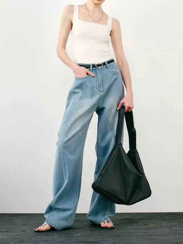 Sickle Wide Leg Thin Jeans Deconstructed Casual Loose Banana Pants Light Blue - Shop at LoveMi