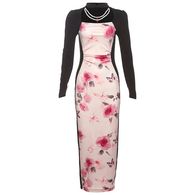 Retro Printing Colour Contrast Slim Fit High Waist Long Sleeves Dress Women - Pink