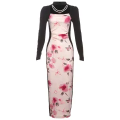 Retro Printing Colour Contrast Slim Fit High Waist Long Sleeves Dress Women - Pink - View 1