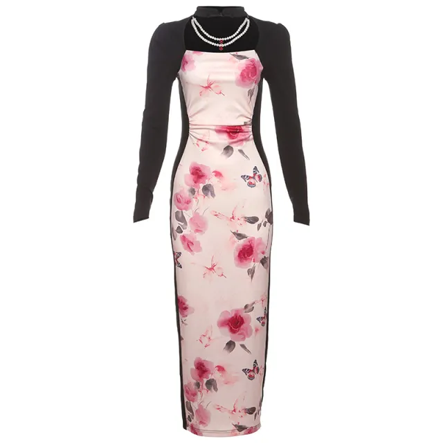 Retro Printing Color Contrast Slim Fit High Waist Long Sleeves Dress Women Pink - Shop at LoveMi