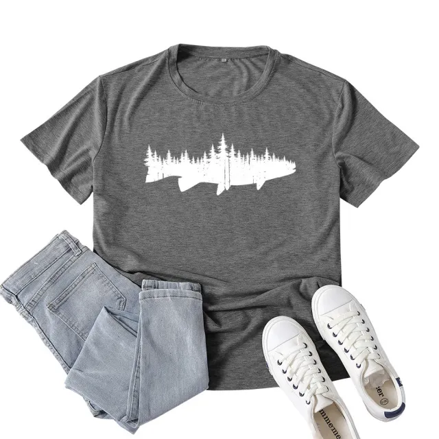 Women's Fashion Casual Loose Fish And Forest Print T Shirt Dark Gray - Shop at LoveMi