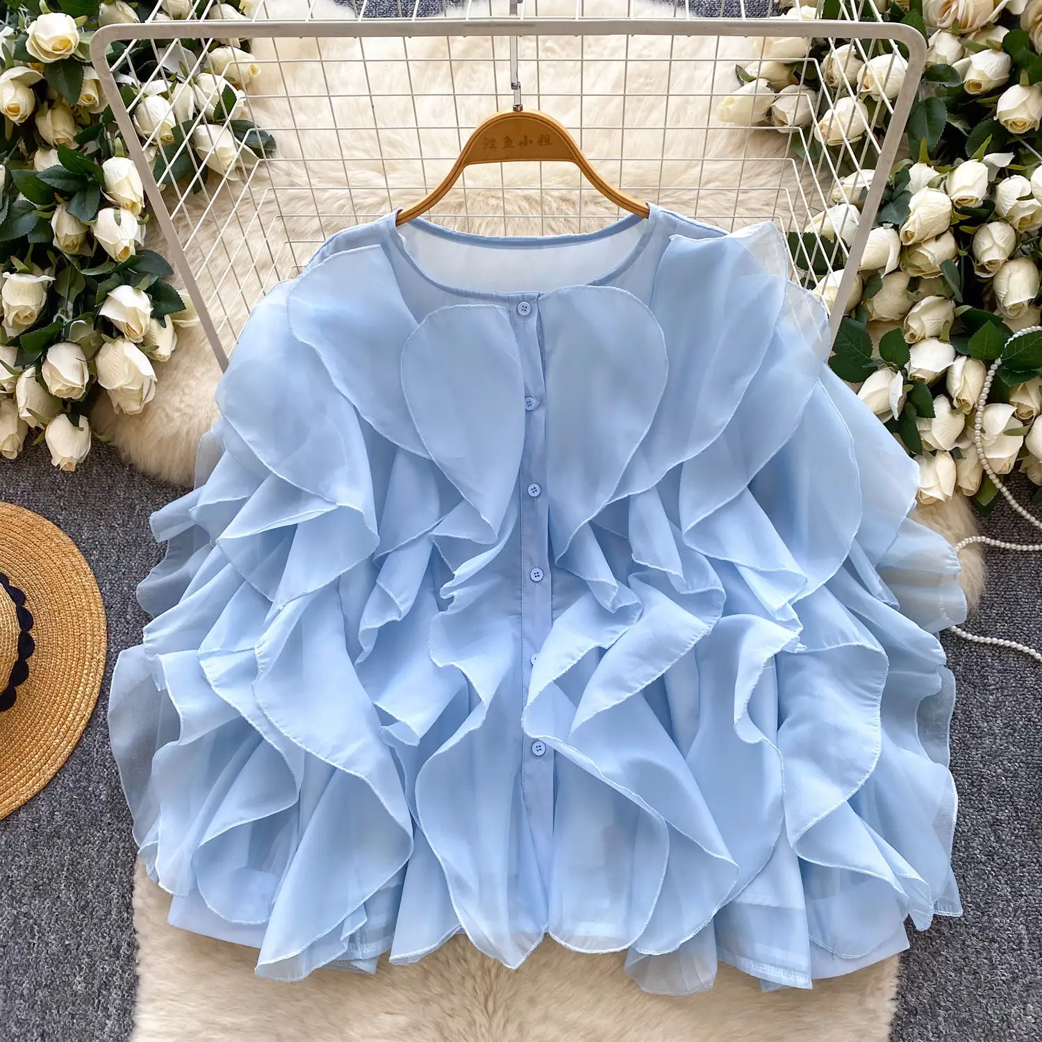 Womens Solid-color Round-neck Irregular Ruffled-edge Button-up Blouse
