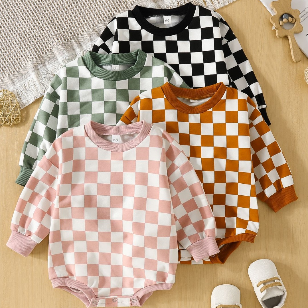 Baby Triangle Jumpsuit Chessboard Plaid Pullover Sweater
